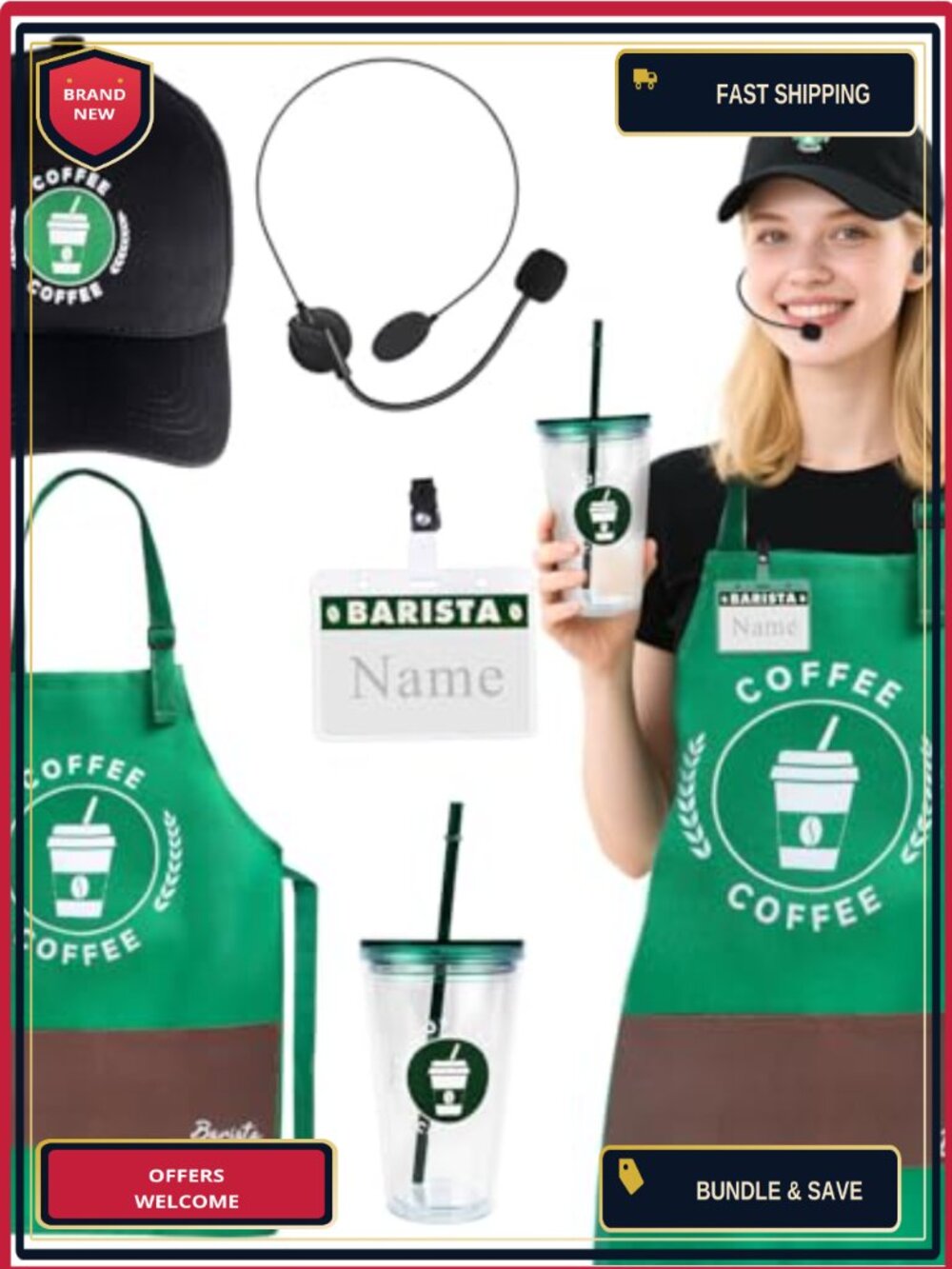 Barista Costume Set 5Pc Coffee Maker Apron Cap Hat Halloween Cosplay